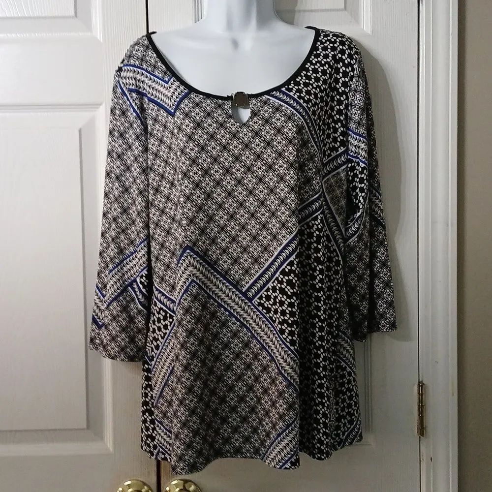 Notations black white blue print tunic Sz XL NWOT